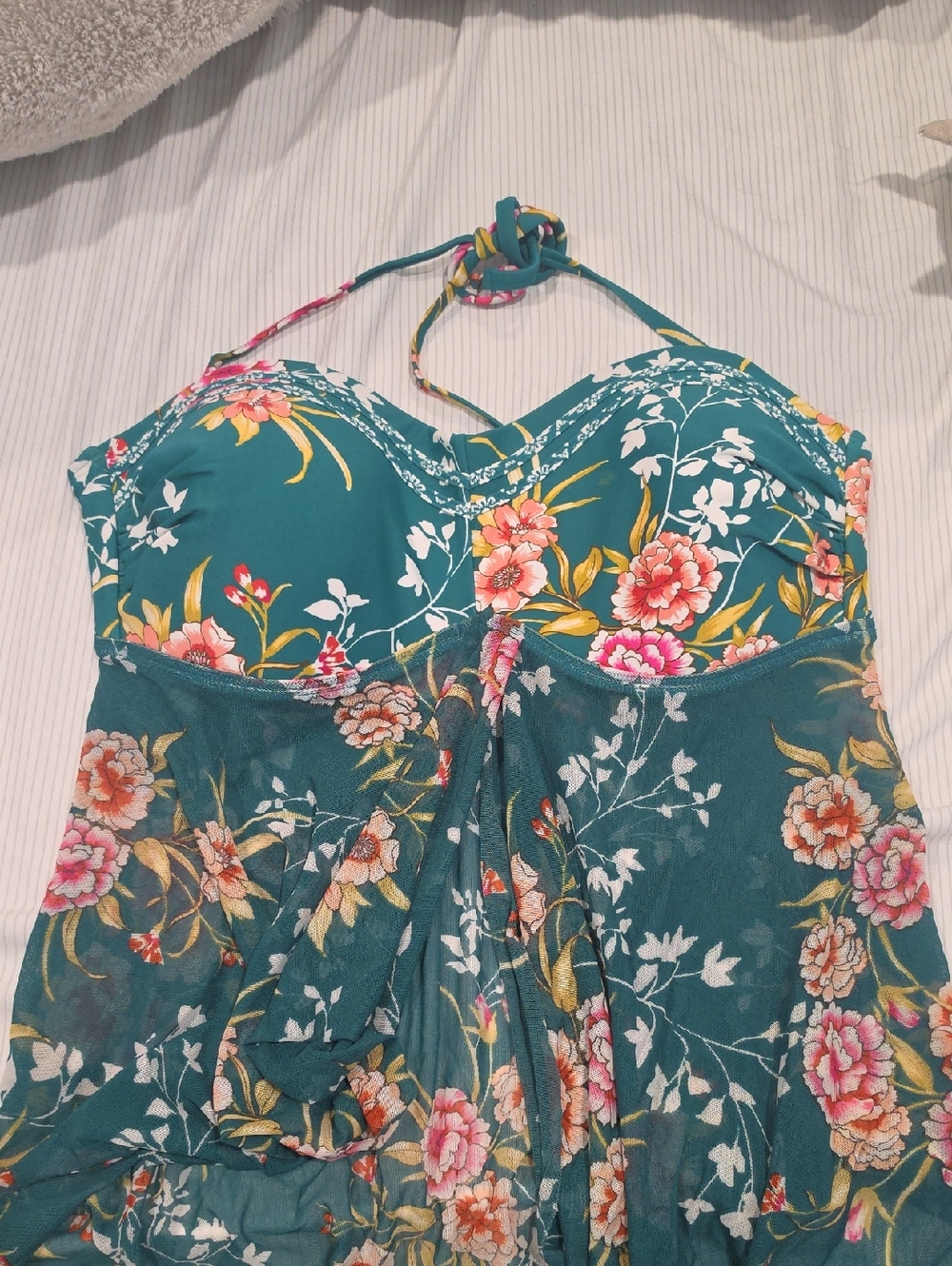 Kona Sol Teal Floral Halter Swimdress with Pink & Yellow Accents